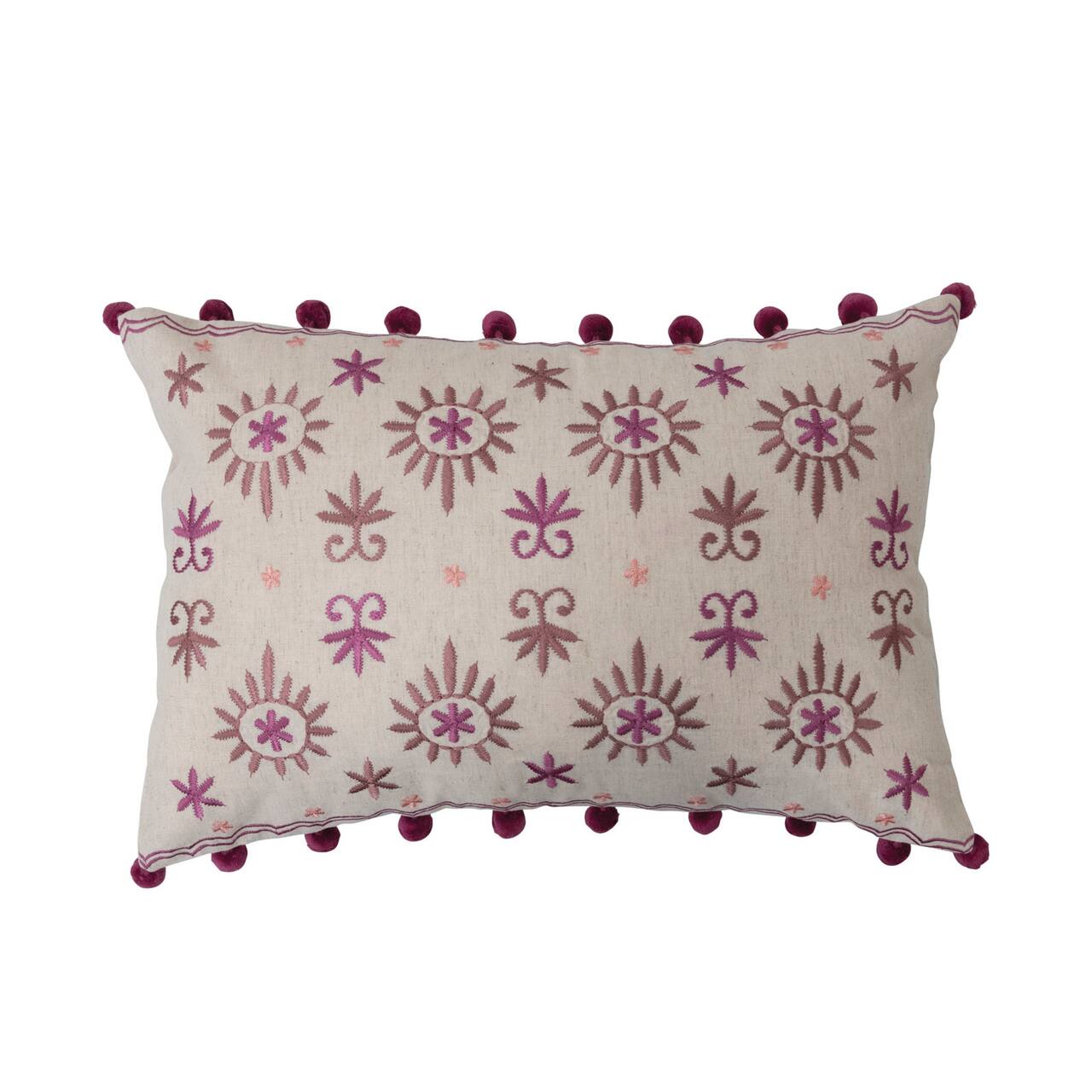 Hello Honey® Embroidery & Pom Poms Cotton Linen Lumbar Pillow